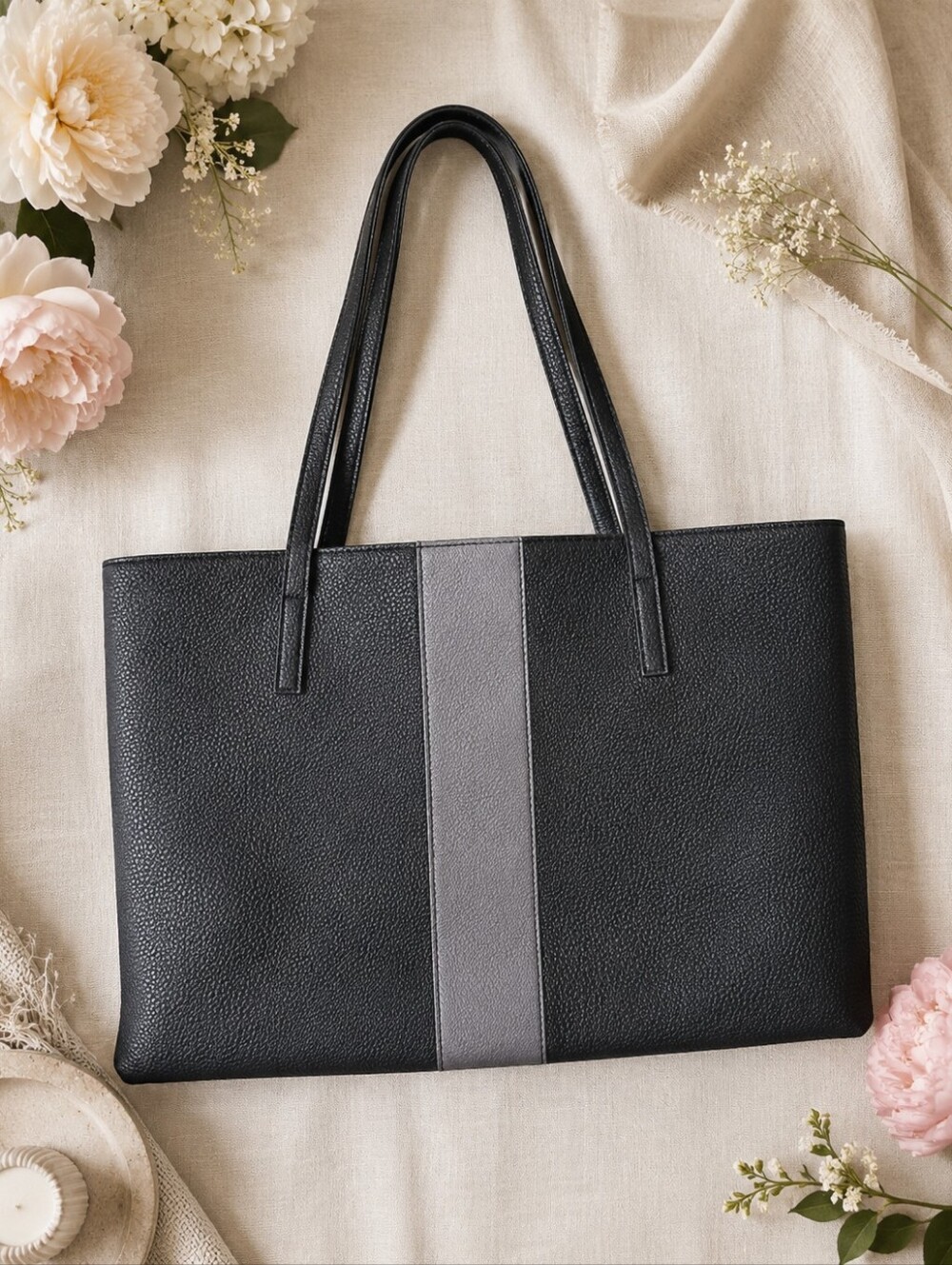 Vince Camuto | Black & Gray Vegan Leather Colorblock Tote Bag, Size 11 1/2"x17"